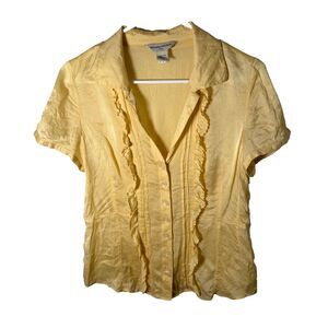 Banana Republic Blouse Women's Small 100% Silk Yellow Button Up Ruffle Top